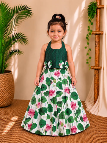 (CTS007) Green Pichwai Print Top and Skirt