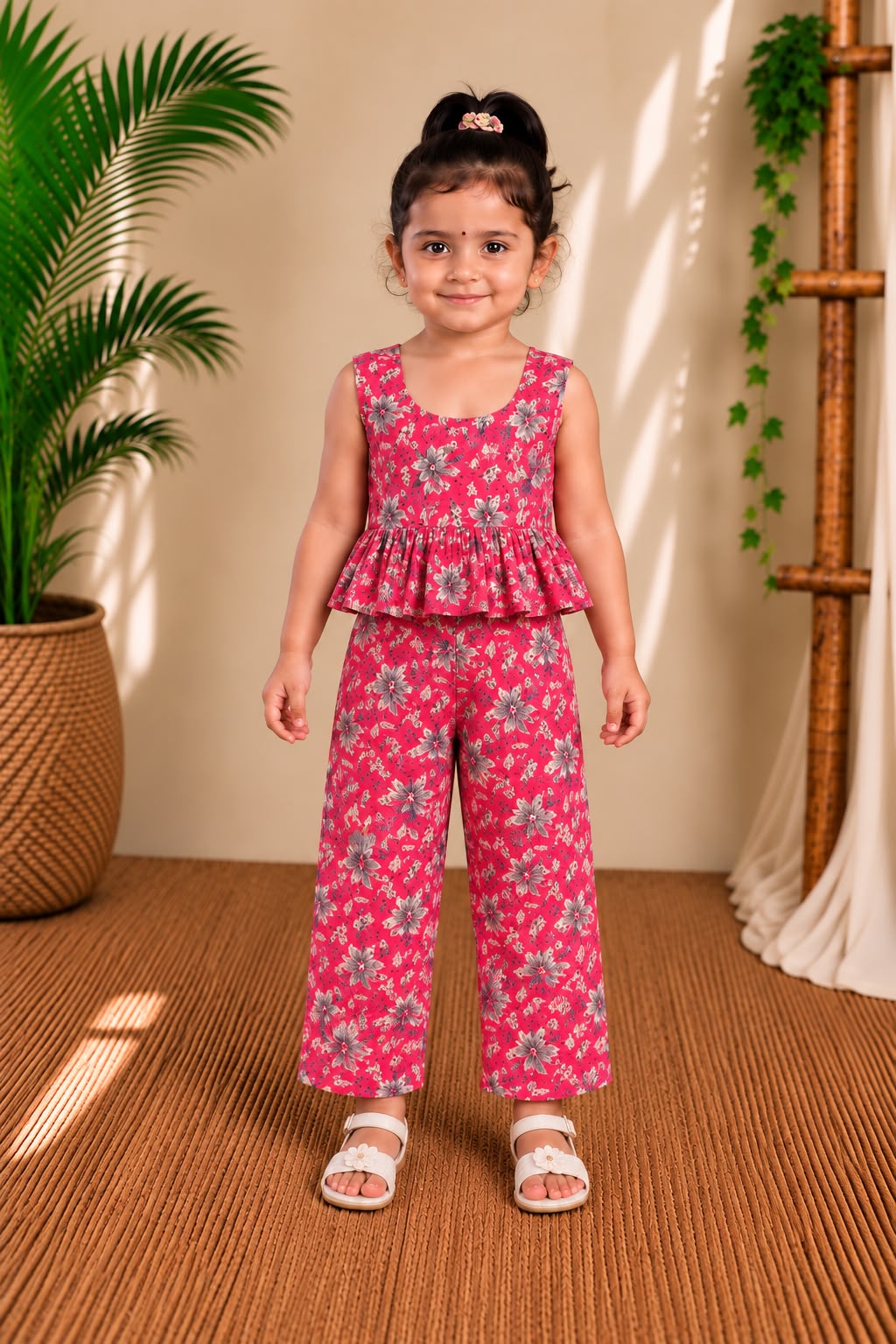 (CTP022) Vibrant Floral Print Peplum Top and Trouser Set for Girls