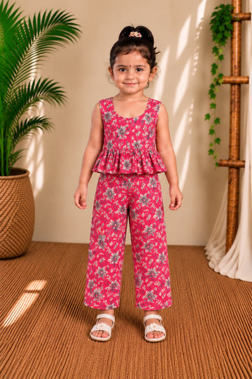 (CTP022) Vibrant Floral Print Peplum Top and Trouser Set for Girls