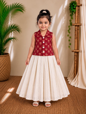 (CTS028) Traditional Maroon and Off-White Festive Long Skirt.