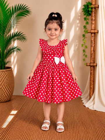 (CF020) Charming Red Polka Dot Flutter-Sleeve Frock for Little Girls