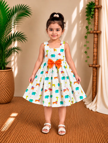 (CF021) Playful Safari Kids' Dress with Vibrant Animal Print and Bow Accent