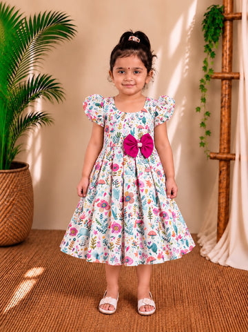 (CF019) Enchanting& Floral Garden Print Pleated Frock with Magenta Bow Detail