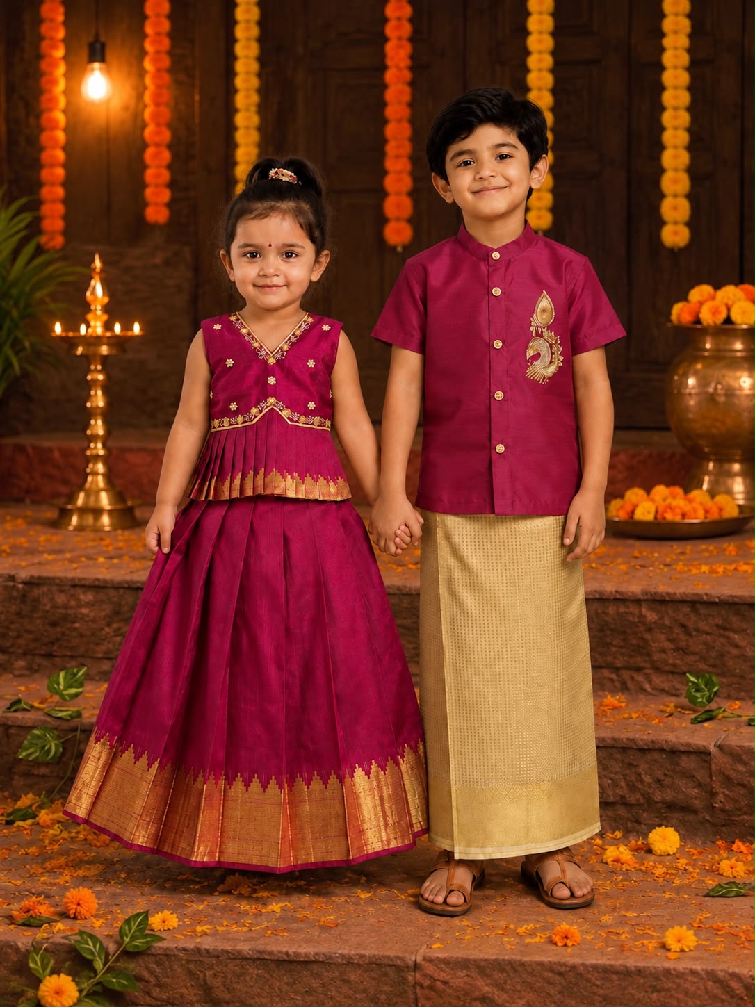 (SCE005) Traditional Magenta and Gold Festive Sibling Matching Outfit Set