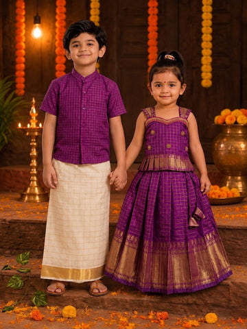 (SCE004) Traditional Purple and Gold Festive Sibling Outfit Set