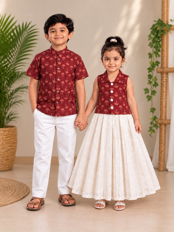 (SCC008) Traditional Maroon and Off-White Festive Sibling Matching Outfit Set