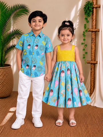 (SCC007) Playful Ice Cream and Donut Print Sibling Matching Outfit Set