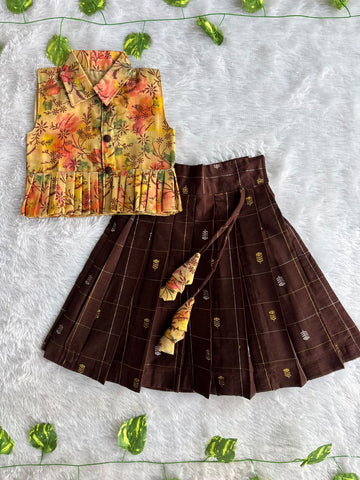 (ETTS053) Autumn Floral Peplum Top with Brocade Lehenga Skirt Set