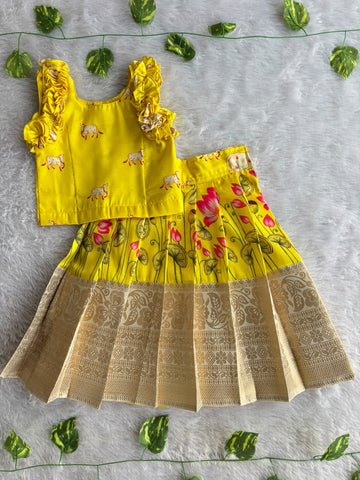 (ETS022) Sunny Yellow Lotus Ethnic Ruffled Lehenga Set