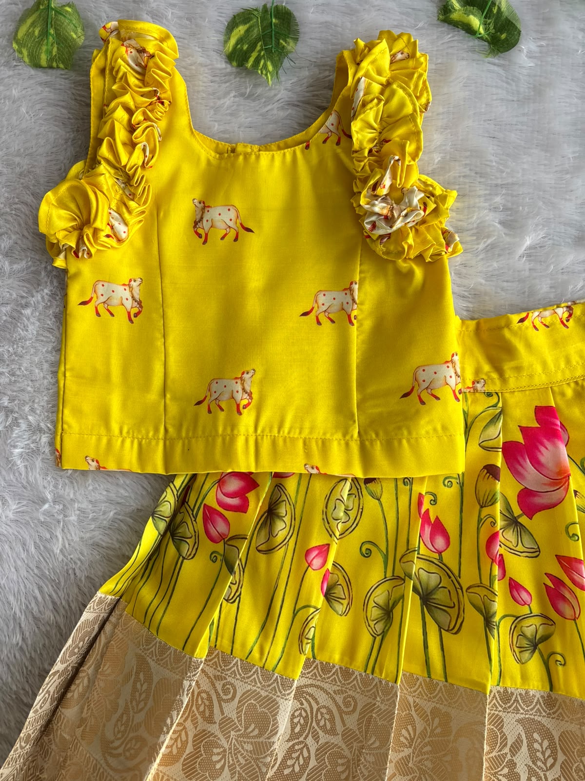 (ETS022) Sunny Yellow Lotus Ethnic Ruffled Lehenga Set