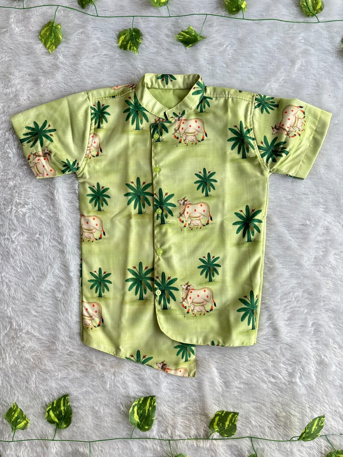 (SCC014)Matching Green Cow & Palm Motif Ethnic Wear Set for Siblings