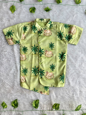 (SCC014)Matching Green Cow & Palm Motif Ethnic Wear Set for Siblings