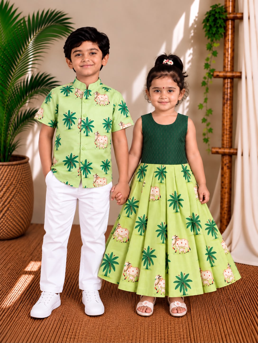 (SCC014)Matching Green Cow & Palm Motif Ethnic Wear Set for Siblings