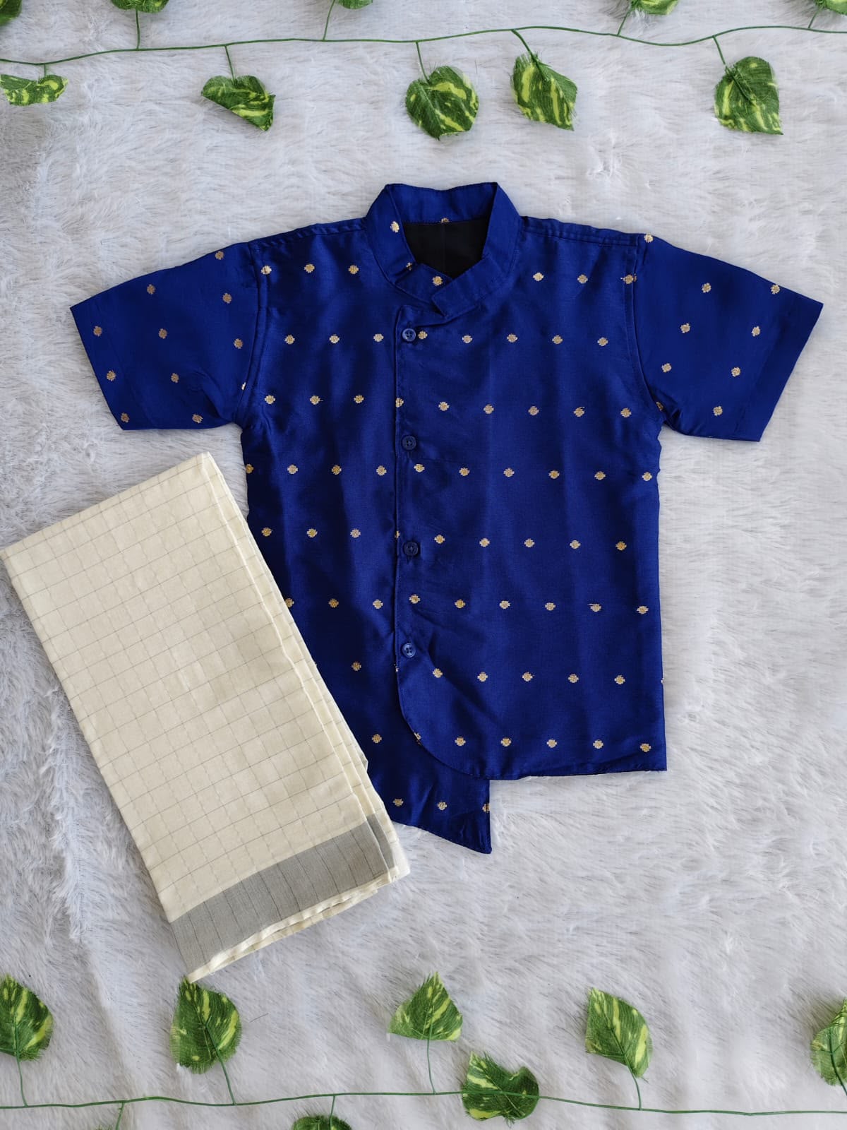 (BE010) Classic Royal Blue Festive Kurta and Veshti Set for Boys