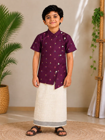 (BE012) Elegant Deep Purple Ethnic Set with Asymmetric Shirt and Traditional Veshti