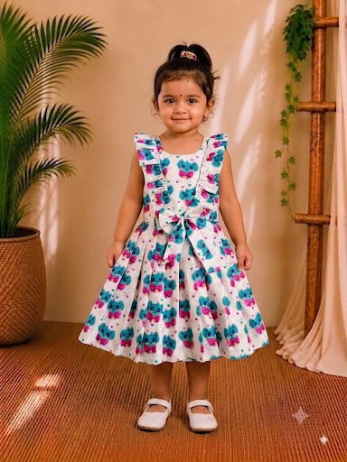 (CF007)  Playful Koala Print Frock with Ruffled Straps and Bow Accent