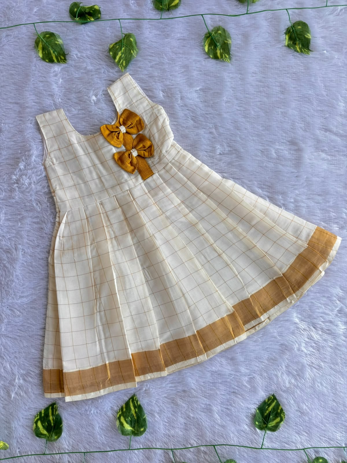 (CF004) Elegant Checkered Handloom Frock with Mustard Bow Accents