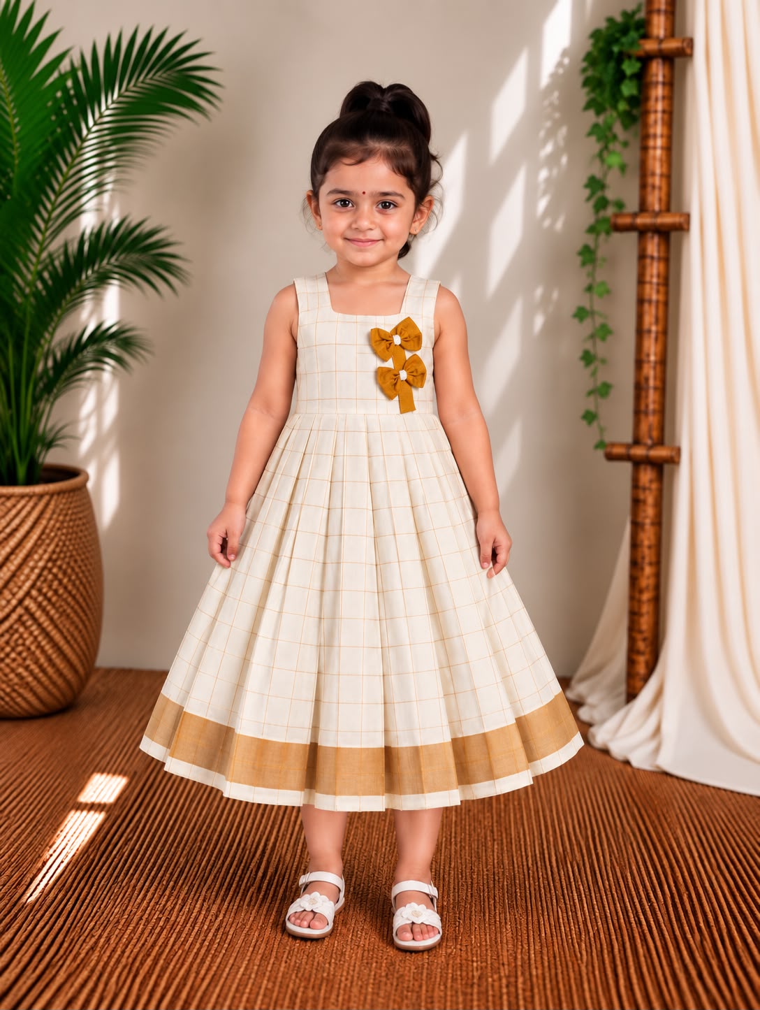(CF004) Elegant Checkered Handloom Frock with Mustard Bow Accents