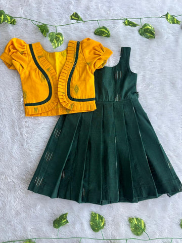 (CFC006) Mustard Yellow Jacket Style Girls Party Wear Frock with Green Dress