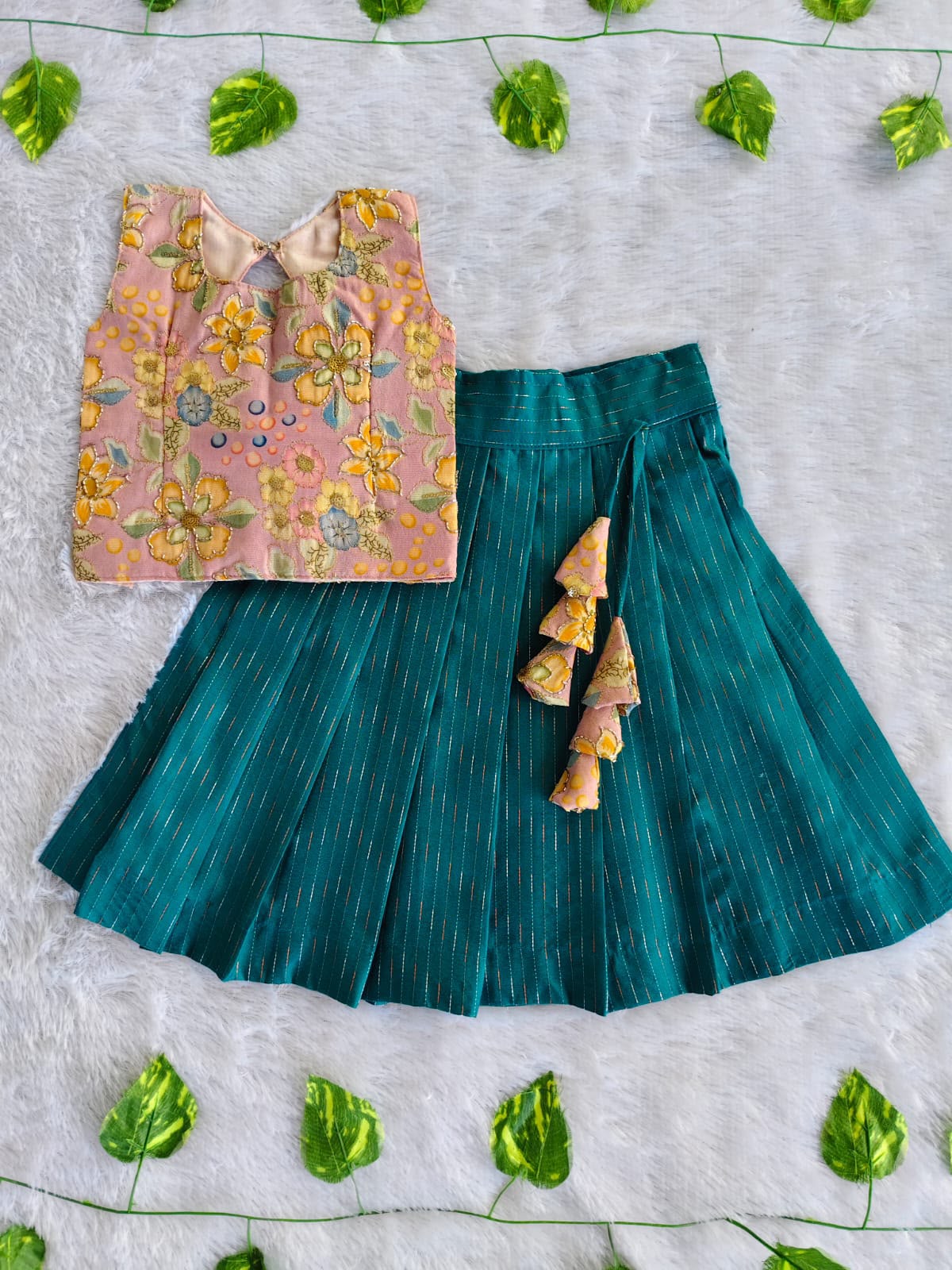 (ETTS002) Sequence and Raw Silk Girls Top & Skirt Set