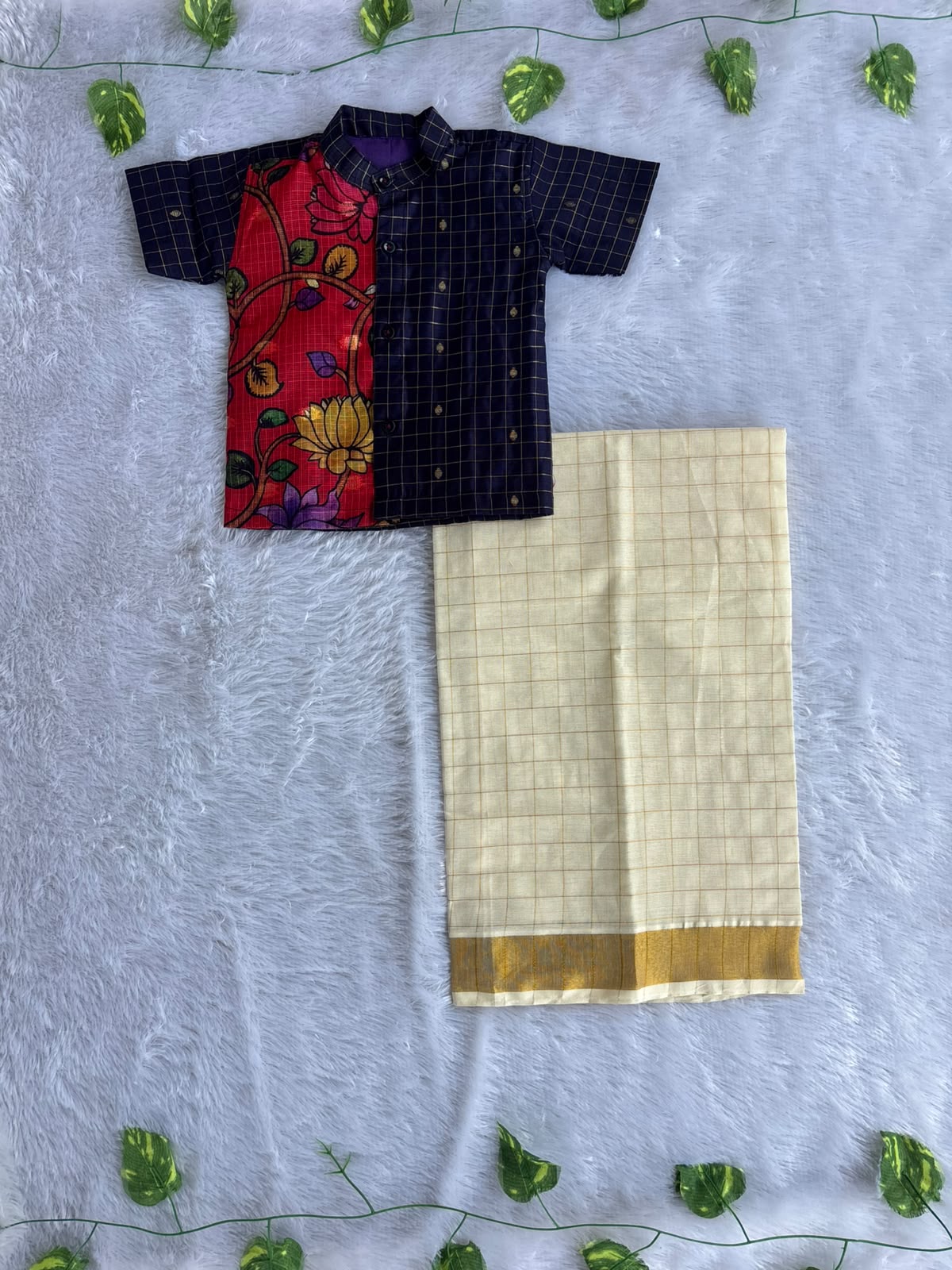 (BE004) Neelan Festive Half-and-Half Fusion Shirt with Dhoti Set