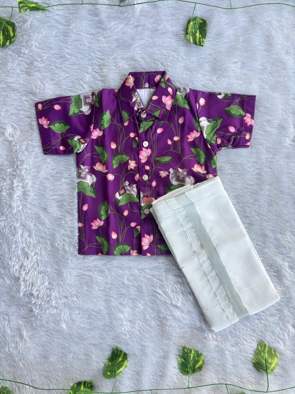 (BC012) Purple Cotton Pichwai Lotus Print Ethnic Set