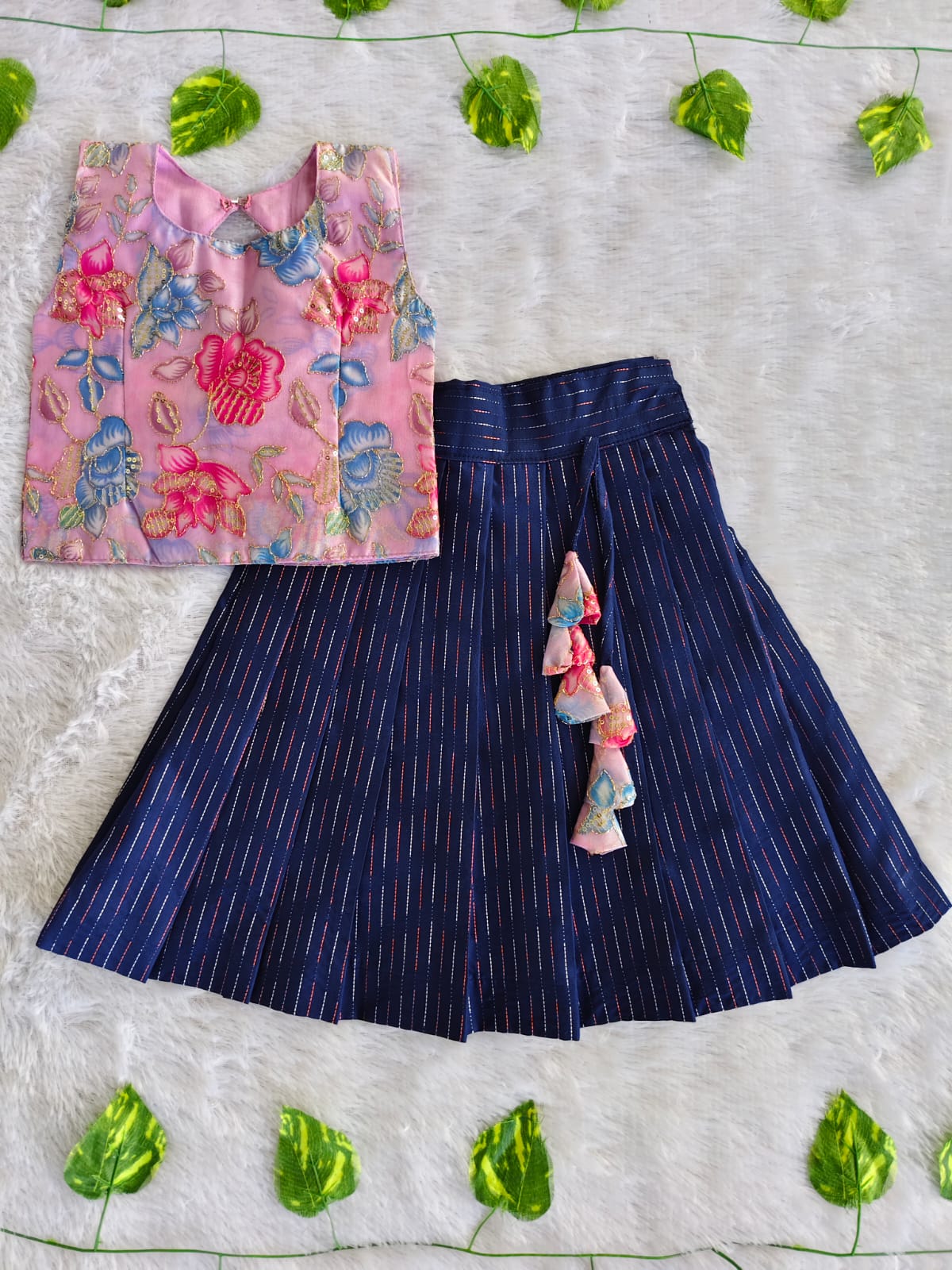 (ETTS003) Girls Ethnic Raw Silk Top & Skirt Set