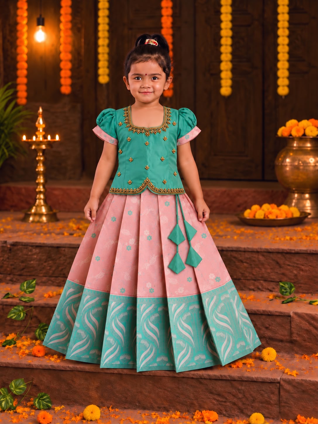 (ETS005) Traditional Greenish Blue & Light Pink Kids Pattu Pavadai