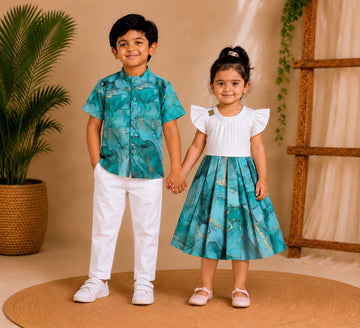 (SCC006) Elegant Emerald Green Marble-Print Frock and Matching Shirt Outfit for Kids