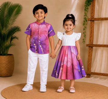 (SCC004) Vibrant Marble-Print Frock and Matching Shirt Outfit for Kids