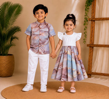 (SCC005) Vibrant Multitonal Marble-Print Frock and Matching Shirt Outfit for Kids