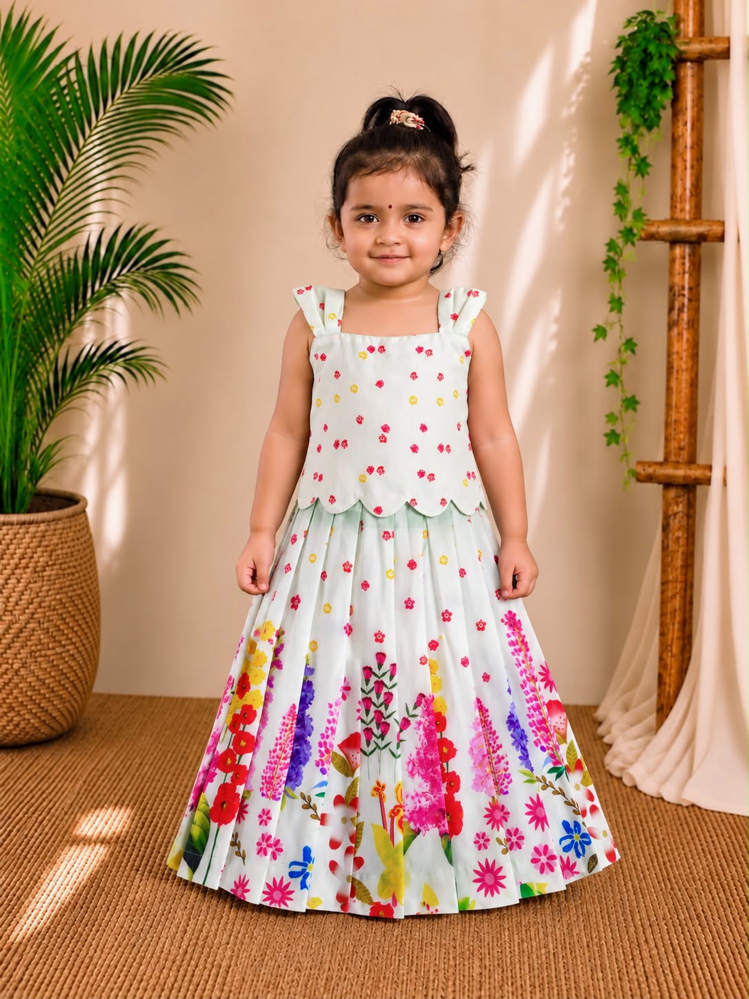 (ETTS010) Pastel Raw silk Girls Ethnic Top & Skirt Set