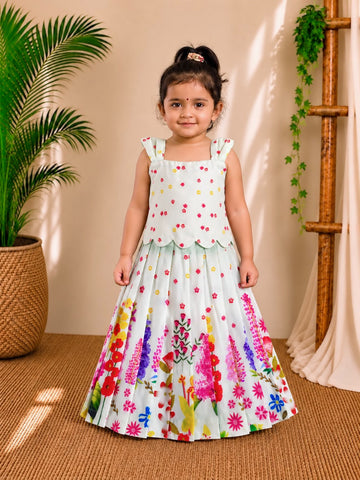 (ETTS010) Pastel Raw silk Girls Ethnic Top & Skirt Set