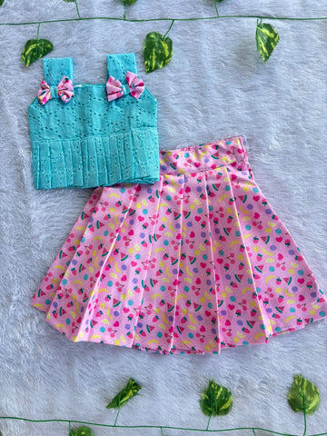 (SCC002) Coordinated Pink Fruit-Print & Sky Blue Sibling Combo Set