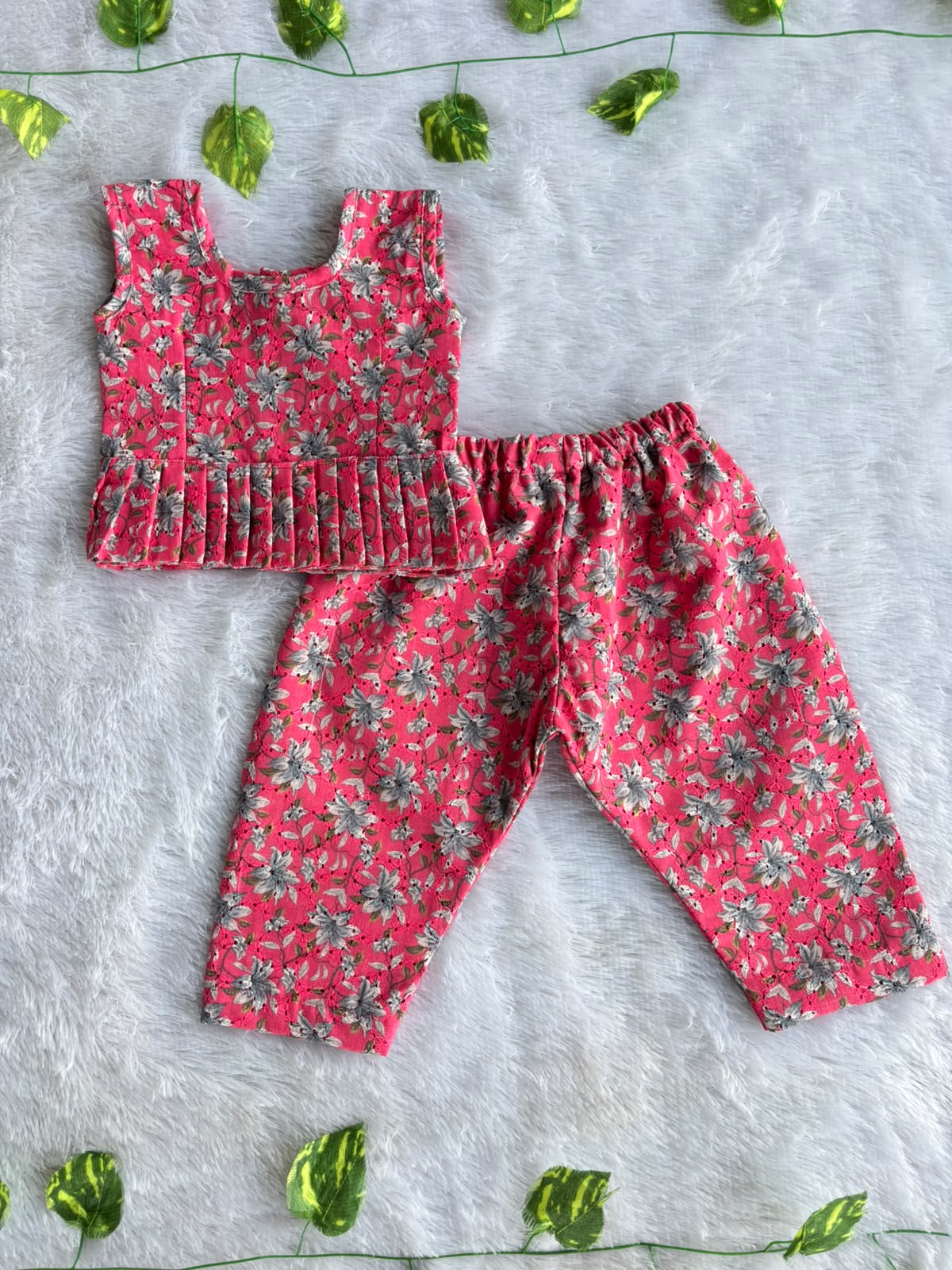 (CTP022) Vibrant Floral Print Peplum Top and Trouser Set for Girls
