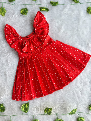 (CF020) Charming Red Polka Dot Flutter-Sleeve Frock for Little Girls