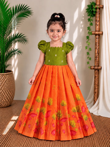 (ETFC001) Girls Orange Floral Cotton Dress with Green Puff Sleeve Jacket