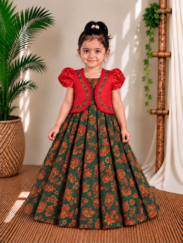 (ETFC002) Girls Floral Party Wear Cotton Dress with Red Cropped Jacket