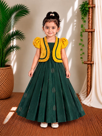 (CFC006) Mustard Yellow Jacket Style Girls Party Wear Frock with Green Dress