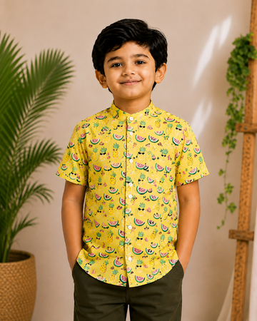 (BC002) Boys Casual Yellow Printed Half Sleeve Cotton Shirt