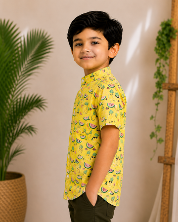 (BC002) Boys Casual Yellow Printed Half Sleeve Cotton Shirt