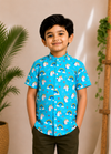 (BC003) Boys Blue Unicorn Rainbow Print Mandarin Collar Cotton Shirt