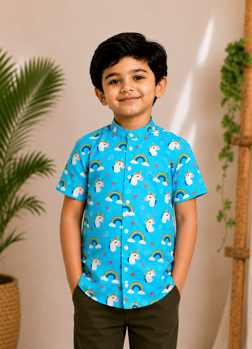 (BC003) Boys Blue Unicorn Rainbow Print Mandarin Collar Cotton Shirt