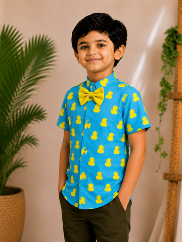 (BC004) Boys Blue Duck Mandarin Collar Cotton Shirt