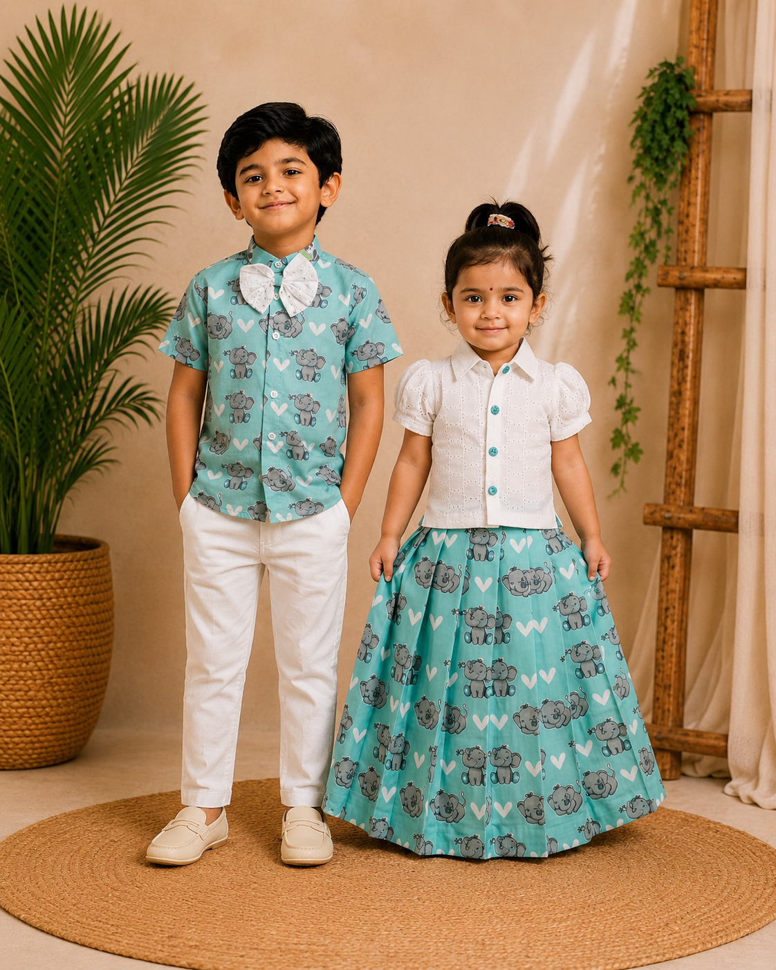 (SCC001) Matching Teal Elephant-Print & White Hakoba Sibling Combo Set