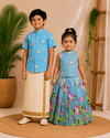 (SCE002) Sky Blue Pichwai Printed Traditional Sibling Combo Set