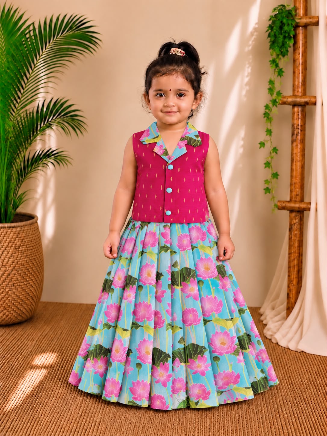 (ETTS024) Magenta & Blue Lotus Printed Skirt Co-ord Set