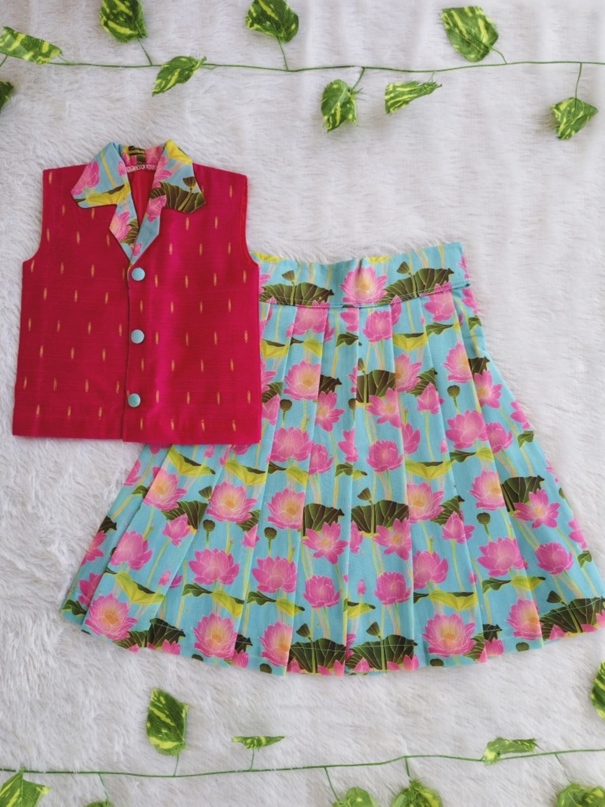 (ETTS024) Magenta & Blue Lotus Printed Skirt Co-ord Set
