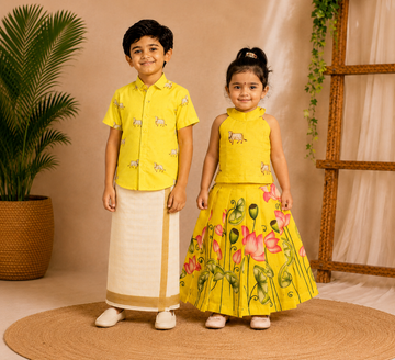 (SCE001) Matching Yellow Cow & Lotus Printed Traditional Sibling Combo Set